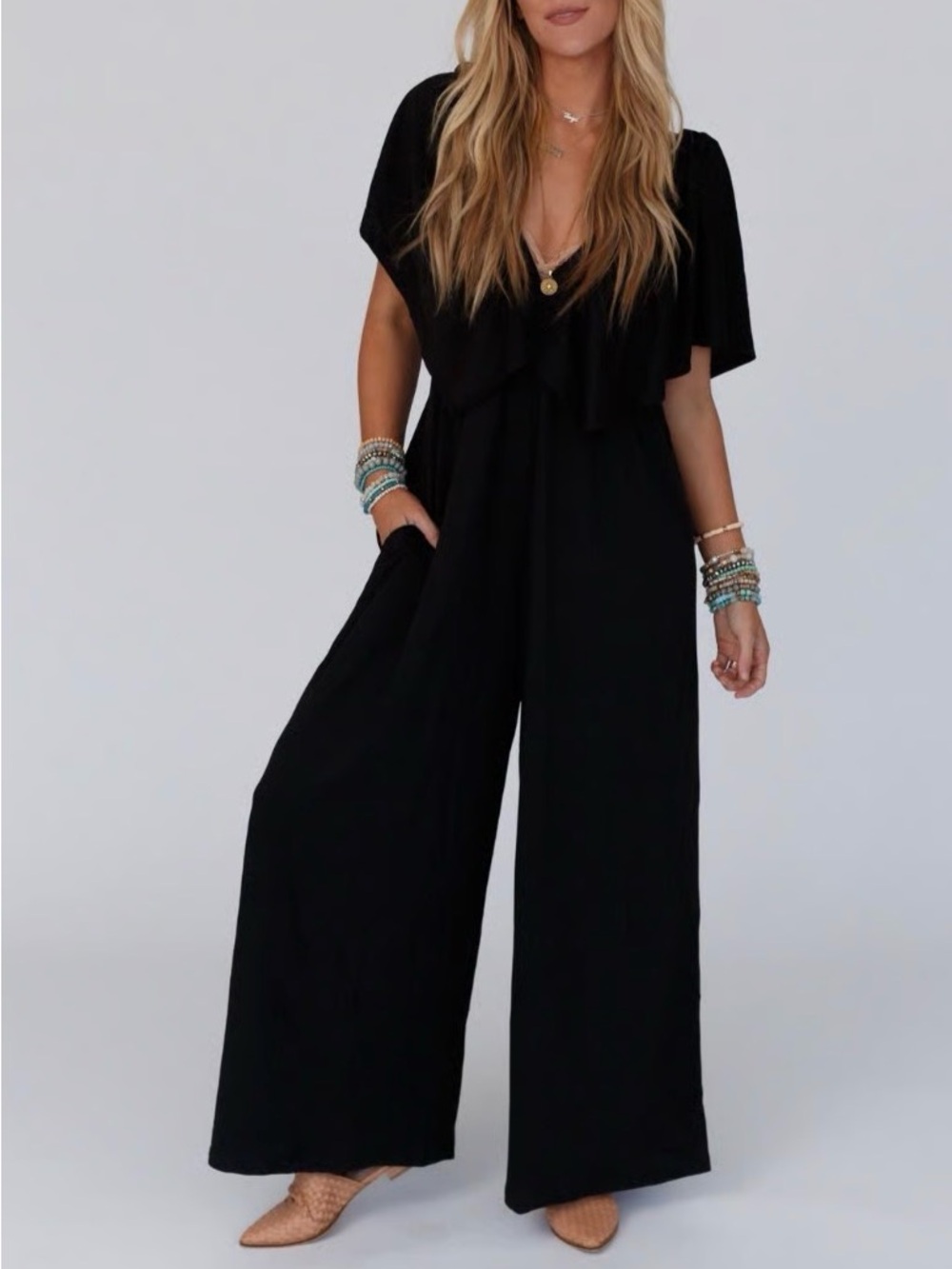 Three Bird Nest The Best On Repeat Open Back Ruffle Jumpsuit Black Wide Leg